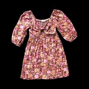 Lush Pink And Orange Floral Midi Dress With 3/4 Puff Sleeves Size S